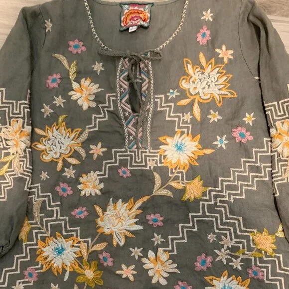 Johnny Was Embroidered Olive Green Tunic Top - Size S - Picture 6 of 8